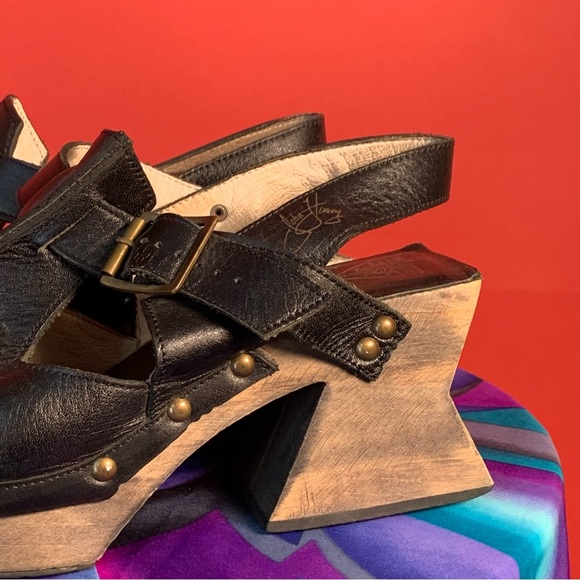 VTG John Fluevog AnswerBlack Leather Wooden Clog Open Toe Size Womens 10 - Picture 6 of 9